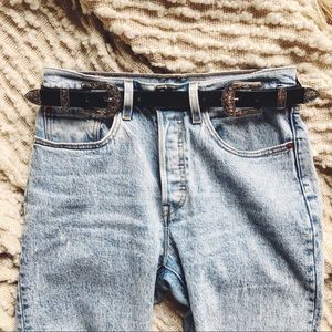 Double Buckle Black Leather Belt (Silver)